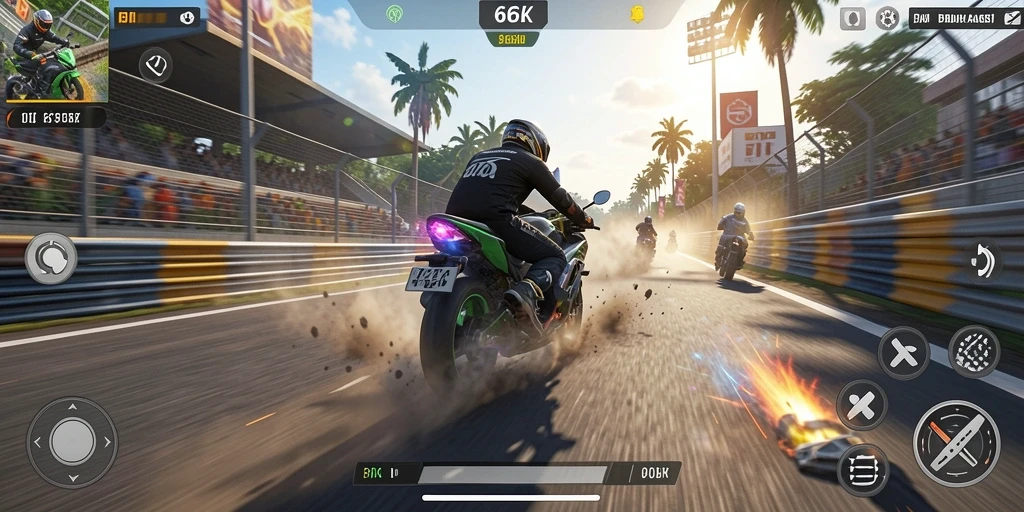 Tampilan gameplay 66K dengan balapan motor yang mendebarkan.