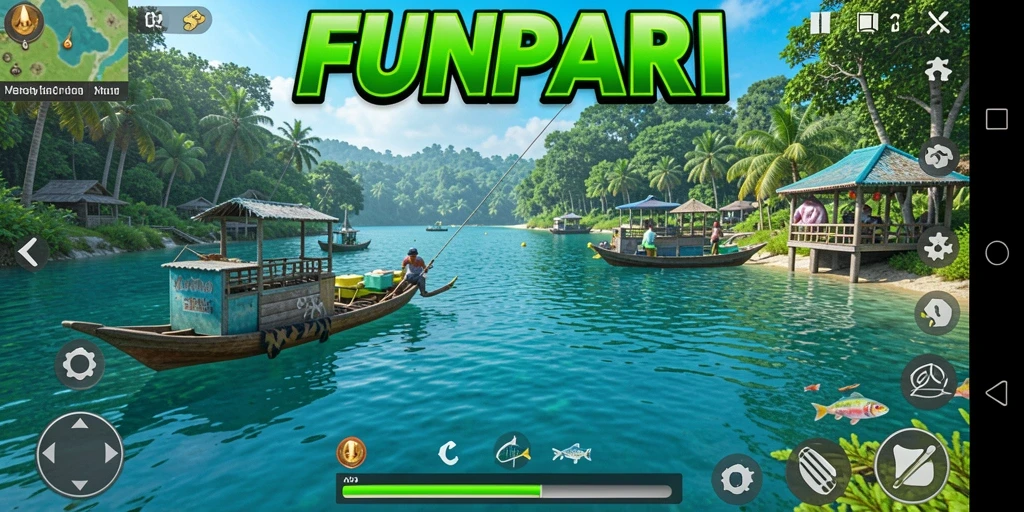 Tampilan screenshot gameplay <strong>FUNPARI</strong> saat memancing di lokasi indah.