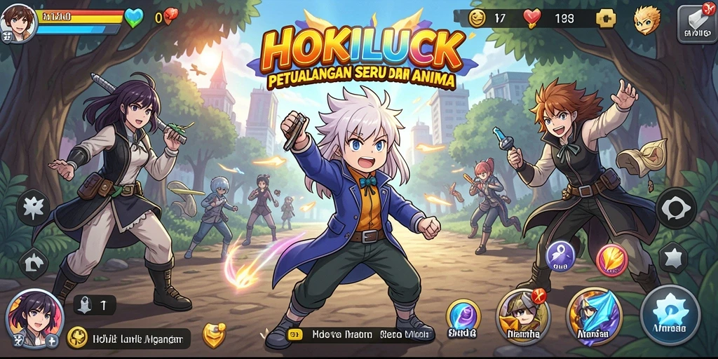 Tampilan gameplay HOKILUCK yang penuh aksi dan karakter Anime.
