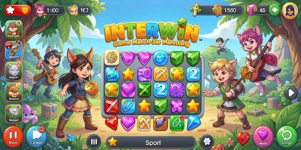Tampilan gameplay Match-3 INTERWIN yang seru dan penuh warna.