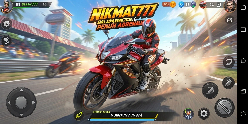 Screenshot utama NIKMAT777 menampilkan balapan motor yang intens dan penuh aksi.