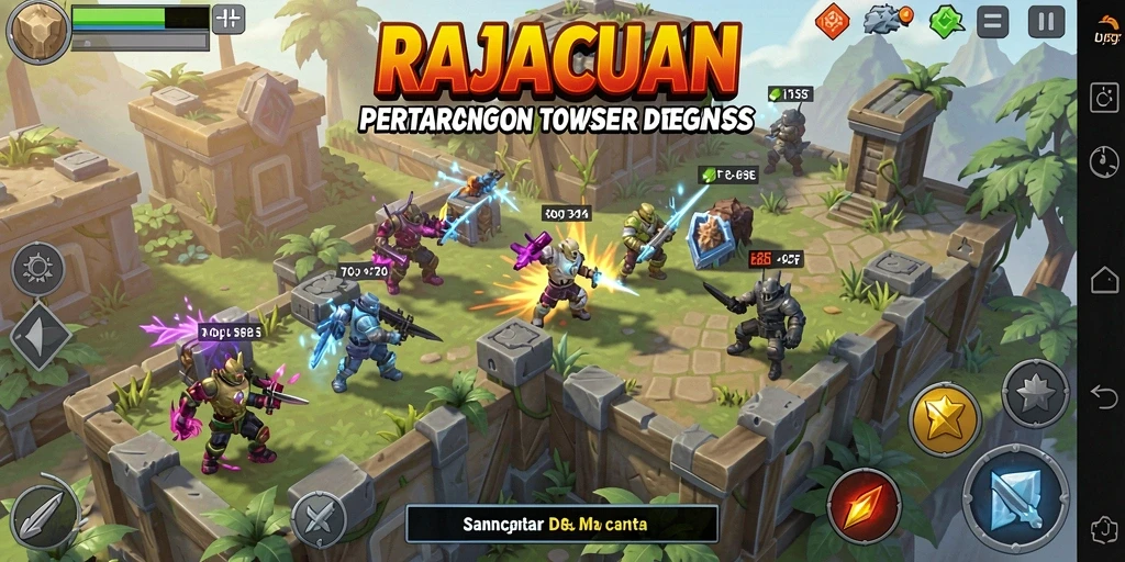 Screenshot gameplay RAJACUAN menampilkan aksi pertahanan tower yang seru.