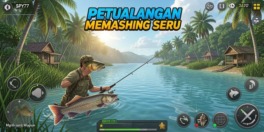 Screenshot gameplay SPY77 menampilkan aksi memancing yang mendebarkan.